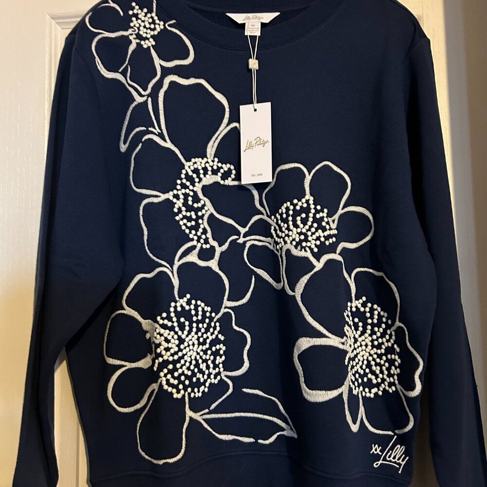 New Lilly Pulitzer Ballad Sweatshirt - Go Big Navy Floral Embroidery xl